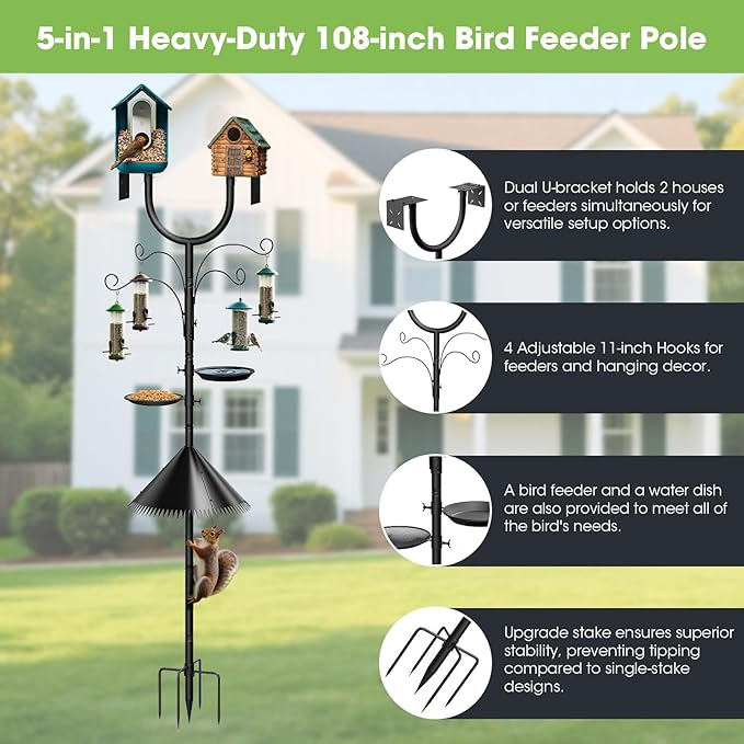 Bird Feeder Pole Squirrel Proof,Adjustable 47"-108" Heavy Duty Bird House Pole,Upgraded U-Shape Platform,4 Shepherd Hooks for Feeder Stand,Includes Birdbath,Tray for Outdoor Garden & Yard