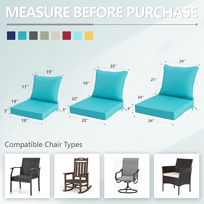 19x19 Inch Patio Chair Cushions Set of 2, Outdoor Furniture Cushions - Removable Cover, Water-Repellent, Fade-Resistant, Non-Slip Bottom & Straps, Replacement for Lawn, Porch & Deck Chair - Teal
