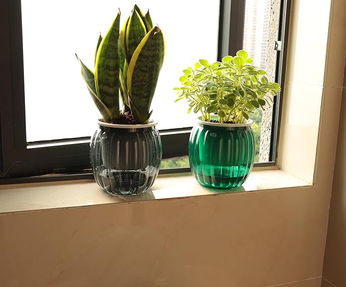 Cornasee 4" Pumpkin Planter Self Watering Pot, 4-Pack Small Plastic Planters for Indoor Plants,Snake Plant,Succulent,African Violets Green