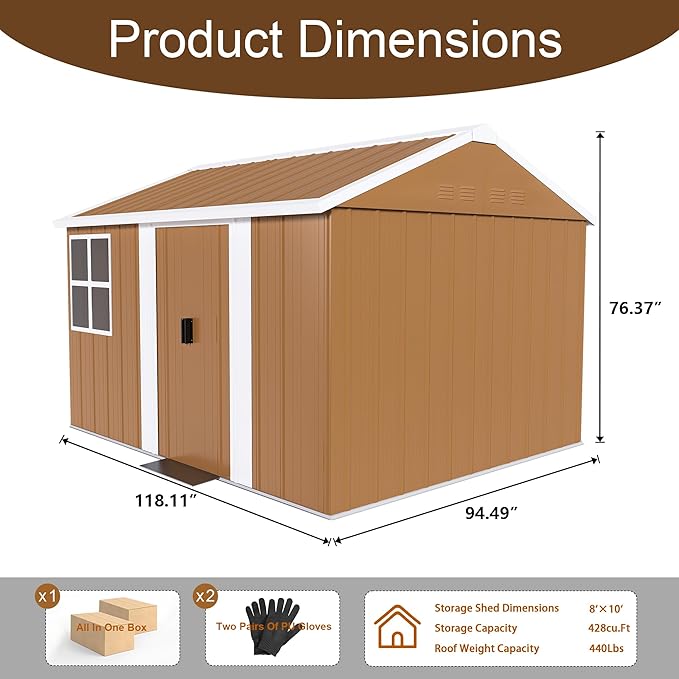YOPTO 8x10 FT Outdoor Storage Shed,Metal Shed W/Lockable Doors,Windows & 4 Air Vents,Weatherproof Garden Tool House W/Sloped Roof,for Backyard,Lawn,Tool Organization,Brown