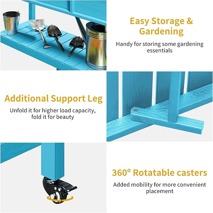 DWVO 47x18x31in Raised Garden Bed HDPE, Weather-Resistant Poly Wood Planter Box Stand, Planter Box with Legs, Storage Shelf & Lockable Wheels, Elevated Garden Bed for Backyard Patio - Aruba Blue
