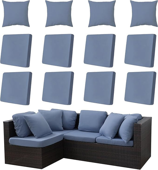 12-Piece Outdoor Cushion & Pillow Cover Set, 8 Seat Covers + 4 Pillow Covers, Stretch Patio Furniture Slipcovers for Sofa Sectional Chair