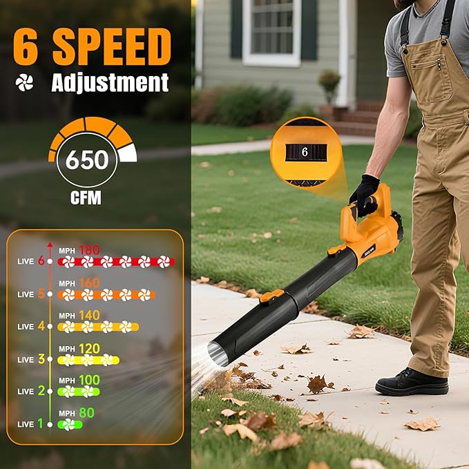 Leaf Blower Cordless,Electric Leaf Blower with 2 4.0Ah Battery Powered and Fast Charger, Cordless Blowers for Lawn Care and Car Dust Snow Blower,6 Speed Control,Orange