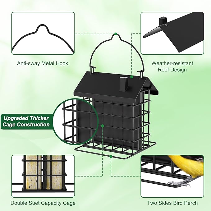 Gbekery All-Metal Double Suet Bird Feeder for Outdoors Hanging, Suet Cake Cage Holder with Weather-Resistant Roof & Perch for Outside Garden, Black