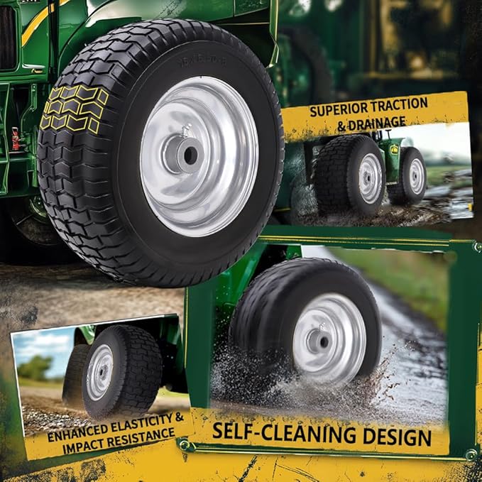 16x6.50-8 Tire and Wheel Assembly (2 Pack),Flat Free Lawn Mower Tires with Rim, Solid Rubber Riding Lawn Mower Tires and Wheels,3" Offset Hub,3/4" Bushings,16x6.5-8 Tractor Turf Tire(Gray)