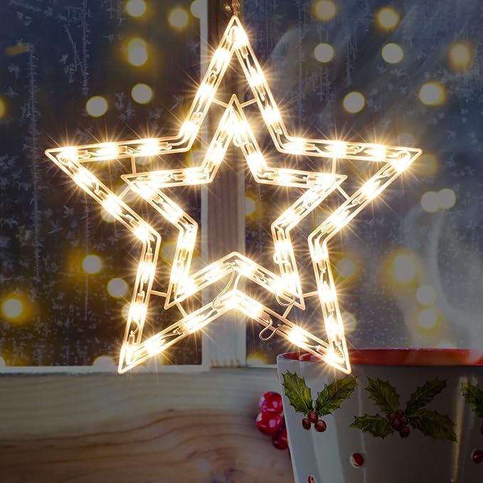 Christmas Window Silhouette Lights, Lighted Star Double Sided Decorations with 50 Count Incandescent Mini Light, for Holiday Indoor Wall Door Glass Decor