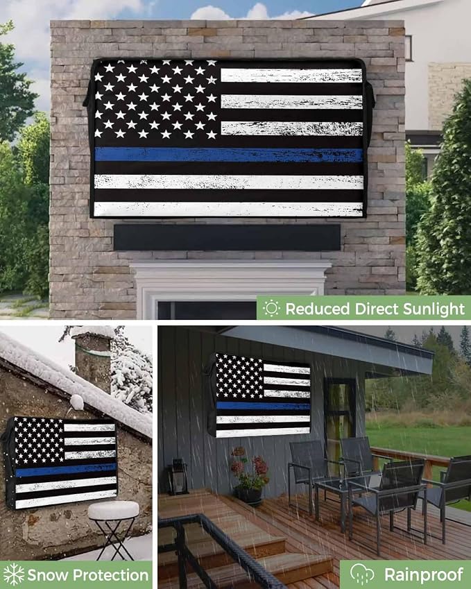 DecorLovee Blue Vintage American Flag Outdoor TV Cover 52 to 55 Inches Weatherproof & Waterproof, USA Flag Outdoor TV Enclosure with Remote Control Pocket, Retro TV Screen Protectors for Outside TV