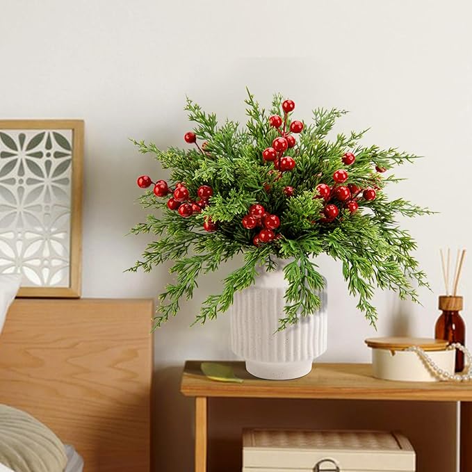 Watayo 60 Pcs Christmas Artificial Pine Branches with Red Berry Stems, 10.5" Faux Evergreen Norfolk Pine Cypress Leaves Stems, Fake Foliage Pine Needles Picks for DIY Craft Garland Home Decor