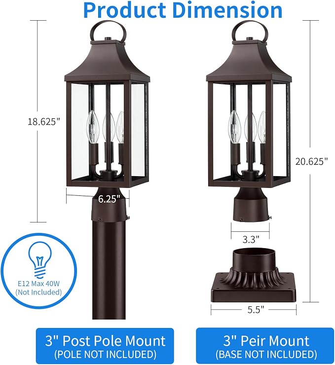 18.62 Post Light Outdoor, Large 3-Light Lamp Post Light Fixture, Modern Pillar Outside Lighting Waterproof Post Lantern Lamp Outdoor Post Light Fixtures Pole Lights for Porch, Brown, 1 Pack