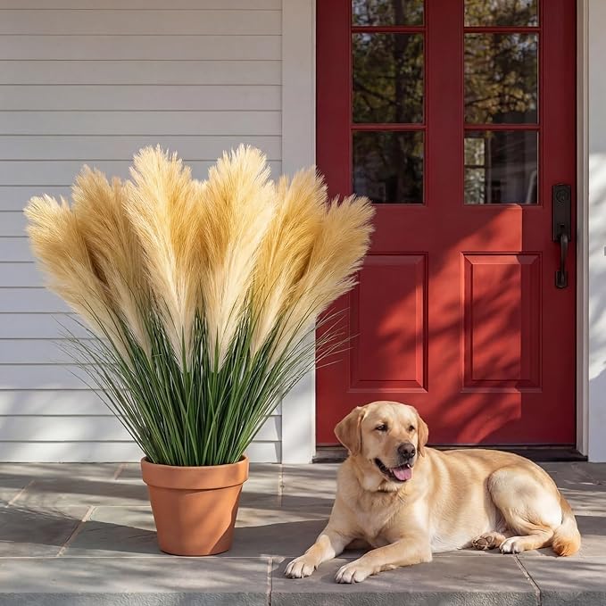 Jexine 15 Pcs Artificial Pampas Grass 31.5" Tall Faux Pampas Stems with 3 Plumes Each and Green Leaves for Boho Floor Vase, Wedding, Living Room Home Decor