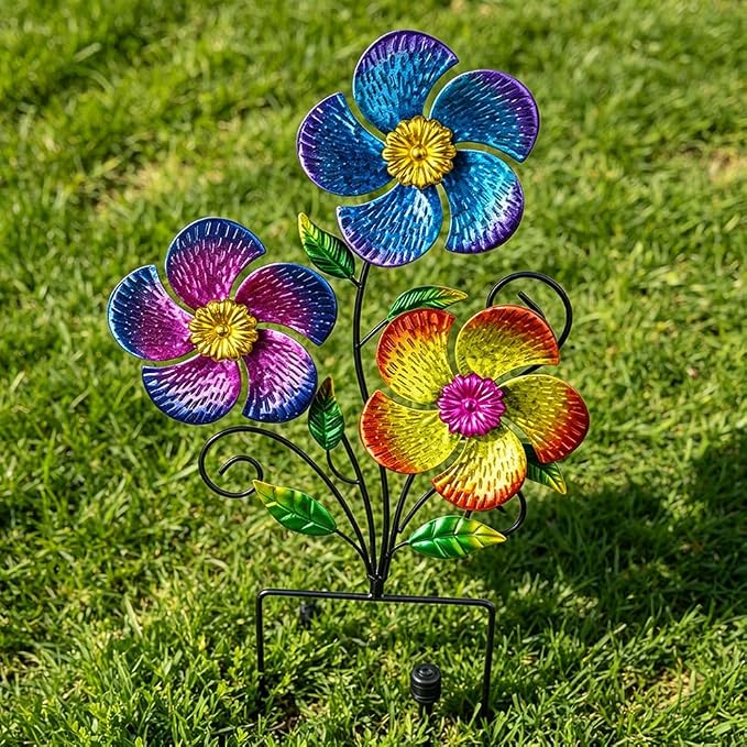 Wind Spinner Outdoor,Waterproof Metal Garden Windmill with Flowers,Pinwheels for Yard and Garden, Flower Wind Sculpture & Spinner for Patio Lawn Decor