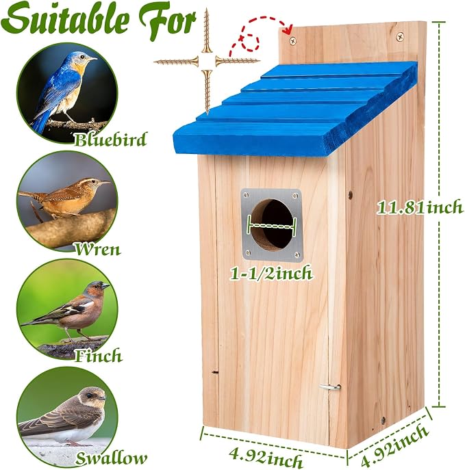 Dreyoo 3 Pack Bluebird Box Houses for Outside,1-1/2'' Entrance Hole Wooden Bird Houses with Metal Guard, Secure Latch,Fledgling Grooves,Air Vents for Bluebird Wren Swallow (Blue Roof,Wood Body)