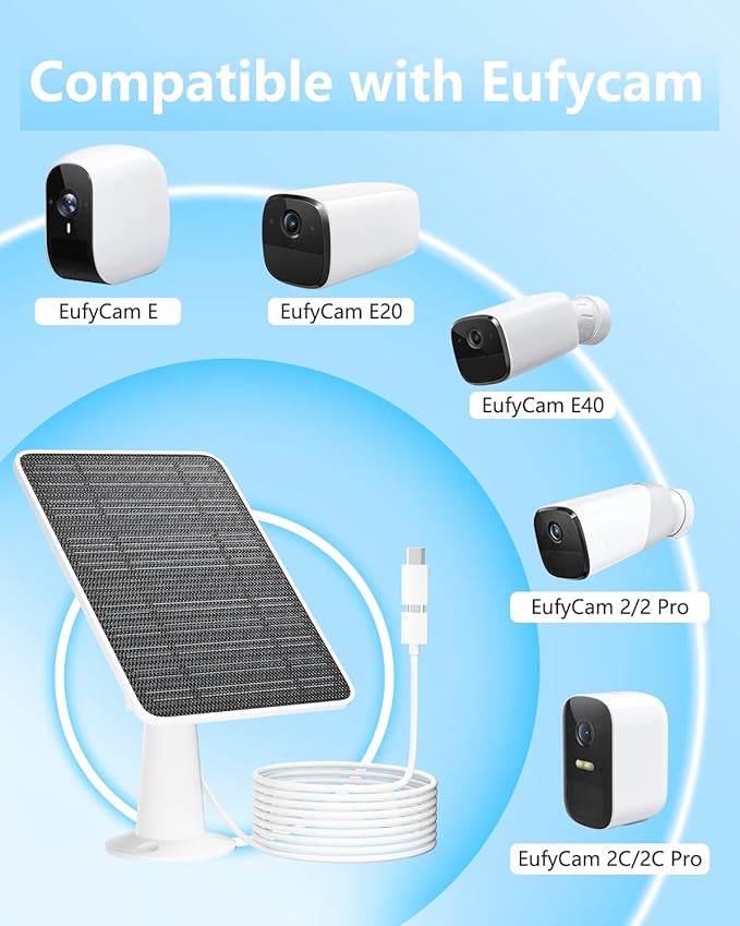 Solar Panel Charger Compatible with Eufycam 3/3C/2C/2C Pro/E40/E20/2/2 Pro/E/L20/L40/Solo/SoloCam Spotlight, 5W Solar Panel for Eufy Camera, Micro USB & USB-C Port, 9.8ft Cable, P65 Waterproof, 3 Pack