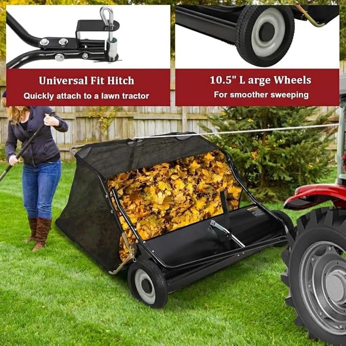 Garvee 42" Tow-Behind Lawn Sweeper – 24 cu.ft. Large-Capacity Pull-Behind Grass & Leaf Collector, Heavy-Duty Adjustable Height, Dumping Rope Design for Easy Debris Disposal, Fits Tractors & ATVs