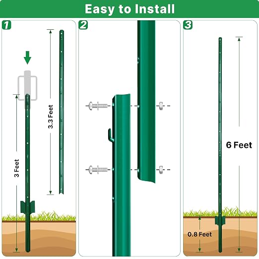 ARIFARO Metal Fence Posts 6 Feet assemblable,Pack of 10,Sturdy Duty No Digging Garden U Post for Wire Fencing Steel Poles for Yard, Outdoor