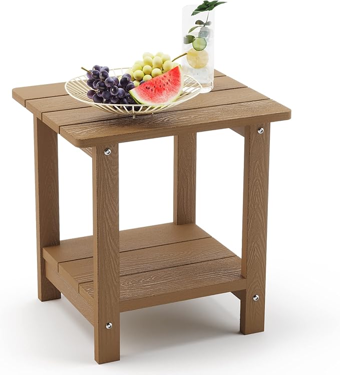 LUE BONA Adirondack Outdoor Side Table, 2-Tier Brown HDPS Patio End Table Weather Resistant, Morden Side Table for Patio, Pool, Porch