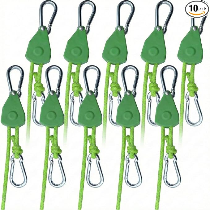 10Pack Retractable Ratchet Tie Down Straps, 13 Ft 1/8” Adjustable Rope Hanger, Heavy Duty Ratcheting Pulley System with 2 Carabiner Hook, for Tent, Hanging Plants, Grow Lights, Trail Green