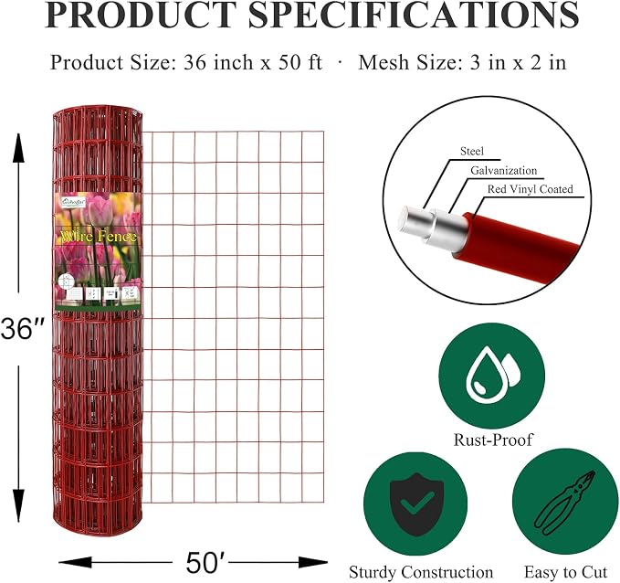 Red PVC Coated Welded Wire Fence 36 Inch x 50 Foot, 2 Inch x 3 Inch 16GA, Garden Border Fencing Roll Vinyl Coating Metal Wire Mesh for Yard Vegetable Plant Protection Poultry Netting
