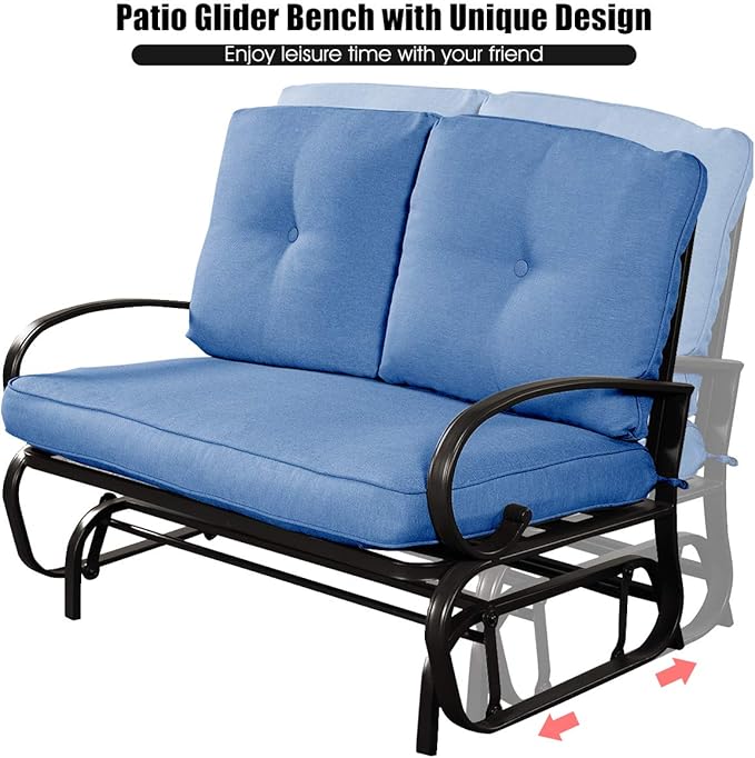 Giantex Outdoor Glider Bench, Patio 2 Person Loveseat with Removable Cushion, Padded Seat, Stable Steel Frame, Outside Glider Swing Chair for Deck, Poolside, Backyard, Balcony, Porch Glider(Navy)