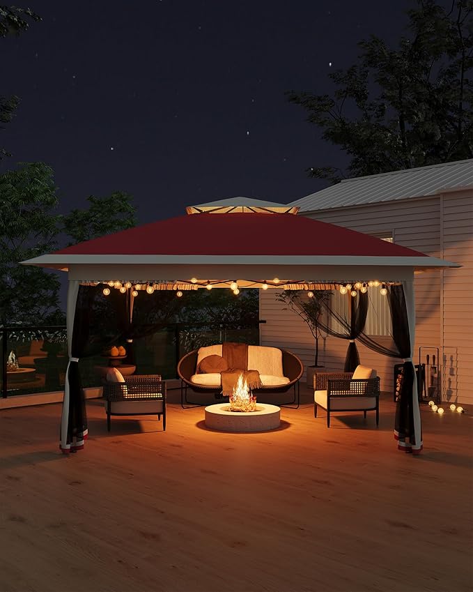 GarveeLife Canopy Tent 13x13 ft, Pop Up Gazebo One-Push Setup with 4 SandBags for Backyard Parties and BBQs, Mosquito Netting & Height Adjustable - Red