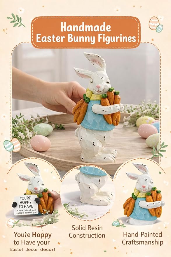 GoGnome Easter Decorations Bunny Resin Figurine with Carrots – 9.3'' Hand-Painted Rabbit Outdoor Statue, Spring Farmhouse Garden Decor for Easter, Mantel, Shelf, or Gift (White/Blue/Orange)