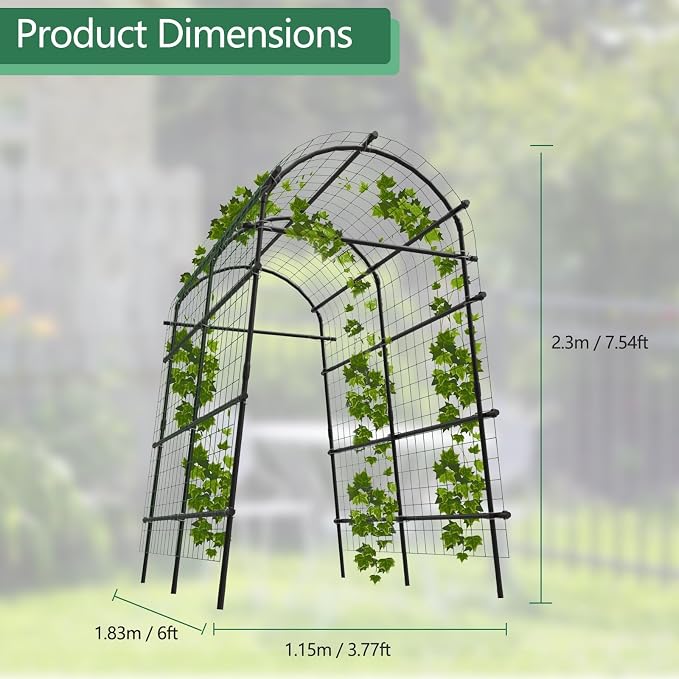 Metal Garden Arch Trellis, 7.6Ft Black for Raised Beds, Plant Support for Cucumbers & Climbing Vegetables with 9 Horizontal Pipe