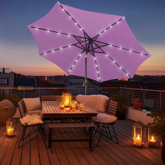 Blissun 9 ft Solar Umbrella, Patio Umbrella with 32 LED Lights, Table Market Umbrella, Outdoor Umbrella for Garden, Deck, Backyard (Lilac)