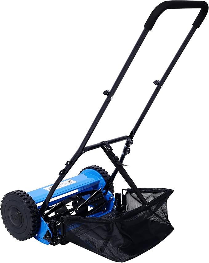KEIKI 16-Inch Manual Lawn Mower, Push Reel Mowers w/Grass Catcher & Adjustable Cutting Height, 2-Wheels Small Lawnmower with 5 Steel Blades for Graden, Spaces Saving & Easy Assembly, Blue