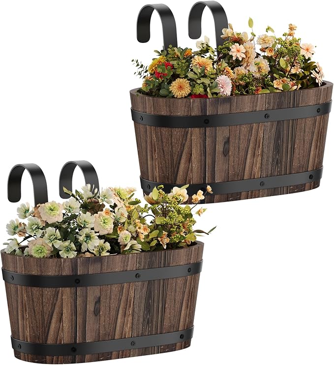 Railing Planters for Outdoor Plants Balcony Hanging Flower Pots with Detachable Hooks, Window Flower Box Hanging Bucket Pots Fence Planters for Garden Home Decor (Carbonized-2pack, Small)