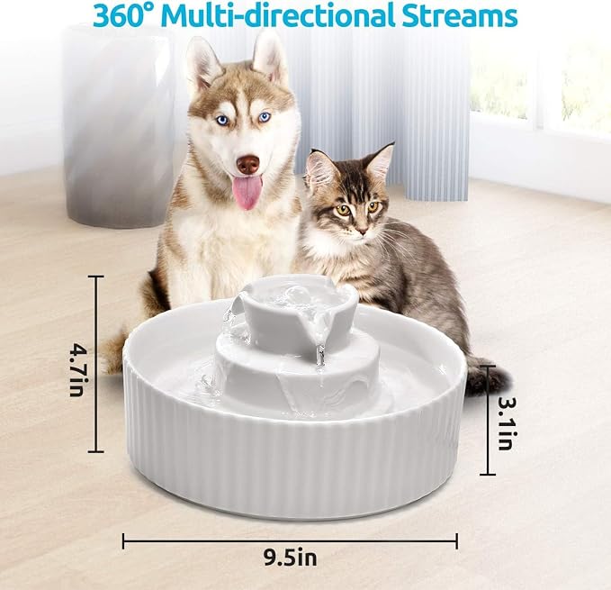 2.1L Ceramic Cat Water Fountain for Cats and Dogs-360° Ceramic Pet Fountain-70 Oz Large Water Capacity- Whisper-Quiet Water Flow-Great for Shy or Timid Pets- Fresh-Filtered Water