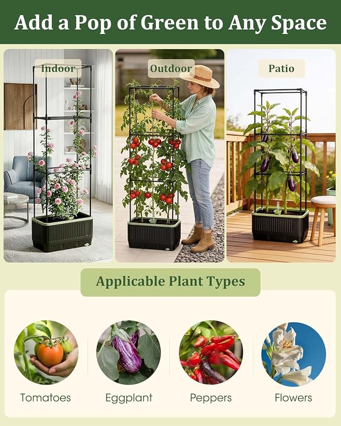 Self Watering Tomato Planter with Trellis, Rectangular Tomato Cages Trellis for Raised Garden Bed, Tomato Planters Box for Garden Pots Patio Indoor Outdoor (Rectangular, 1PC)