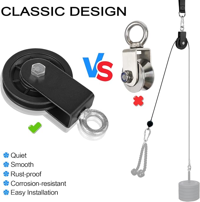 3.54 in Cable Pulley 360 Rotation Traction Wheel with Carabiner and Strap,Silence Smooth Detachable for DIY Gym Pulley System,DIY Gym Attachment Lifting Blocks,Ladder Lift,Hoists,Clothesline