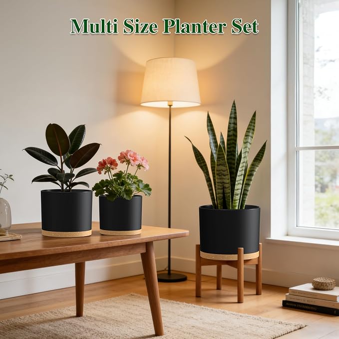 Plant Pots, 10/9/8 Inch 3 Pack Cylindrical Flower Pots with Drainage Holes and Saucers, Plastic Planters for Outdoor Indoor Plants,Black Brown