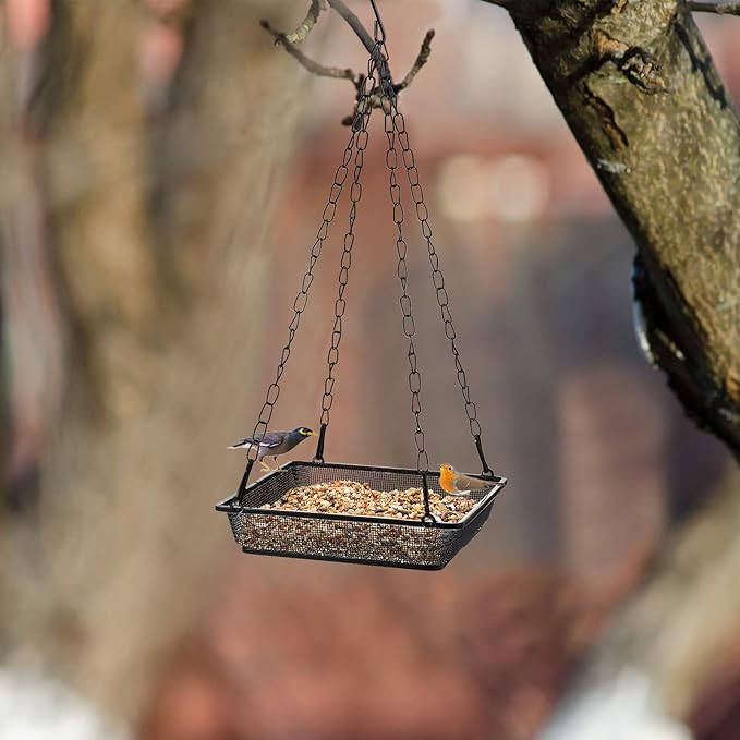 2 Pieces Metal Hanging Bird Feeder Tray, Mesh Bird Feeding Seed Tray Platform with Chains Outdoor Garden Decoration for Hanging Wild Backyard(Black)
