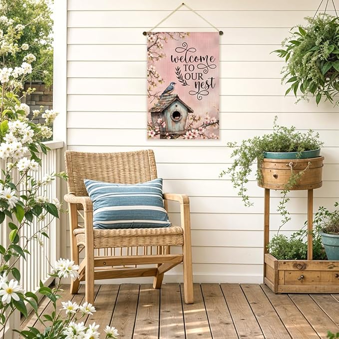 Welcome To Our Nest Garden Flag Double-Sided Yard Outdoor Decoration 12x18 Inch, Outdoor Bird Nest Flower Welcome Garden Flag, Home Decor Banners, New Home Housewarming Gifts