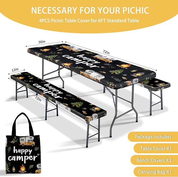 Picnic Table Cover with Bench Covers, Camping Essentials, Fitted Camping Tablecloth with Bag, Waterproof and oilproof with elastic Edge for Indoor Outdoor Patio, 72in (RV Camper)