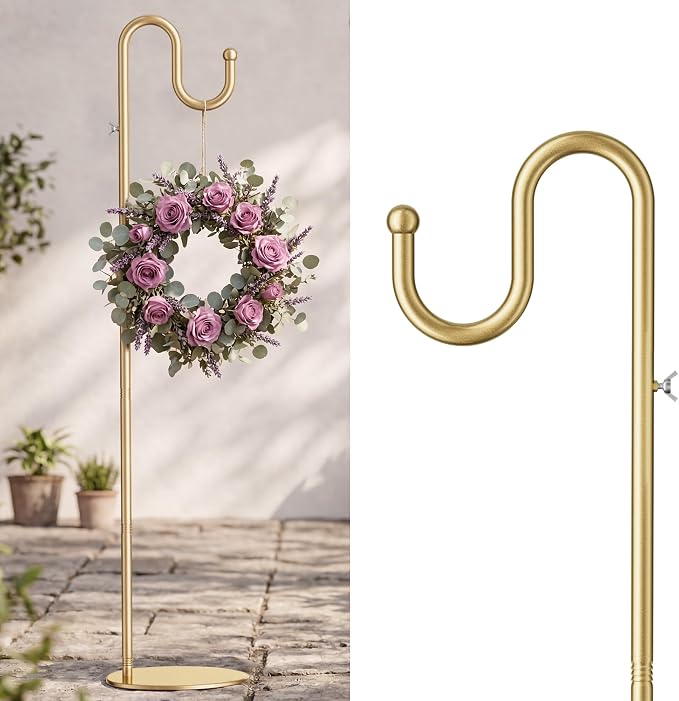 74" Shepherds Hook Stand, Adjustable Wind Chime Stand with Heavy Duty Base, Free Standing Plant Hanger Pole for Bird Feeders, Wreaths, Lanterns & Plants, Indoor Outdoor, Holds Up to 20 LBS, Gold
