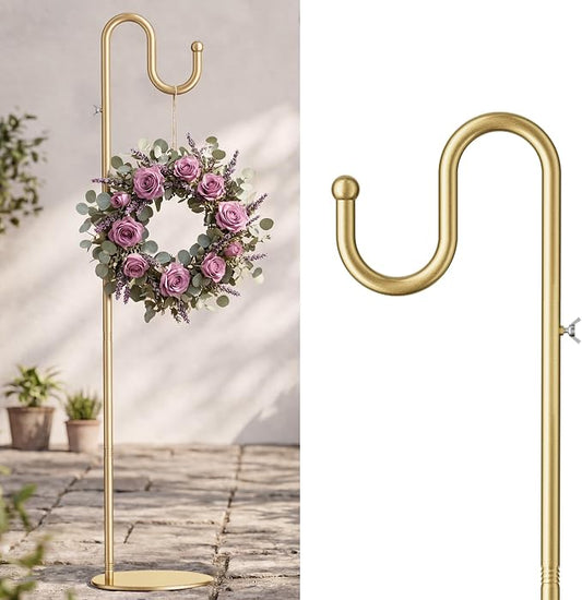 74" Shepherds Hook Stand, Adjustable Wind Chime Stand with Heavy Duty Base, Free Standing Plant Hanger Pole for Bird Feeders, Wreaths, Lanterns & Plants, Indoor Outdoor, Holds Up to 20 LBS, Gold