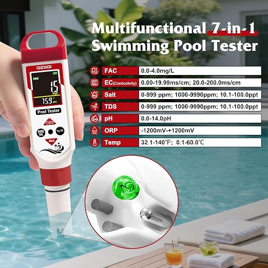 Pool Chlorine Tester Spa Chlorine Test kit, Chlorine pH Meter Hot Tub Salinity ORP pH Tester 7 in 1 Water Quality Tester for Swimming Pool Aquarium Hydroponic, TDS PPM Tester for Drinking Water
