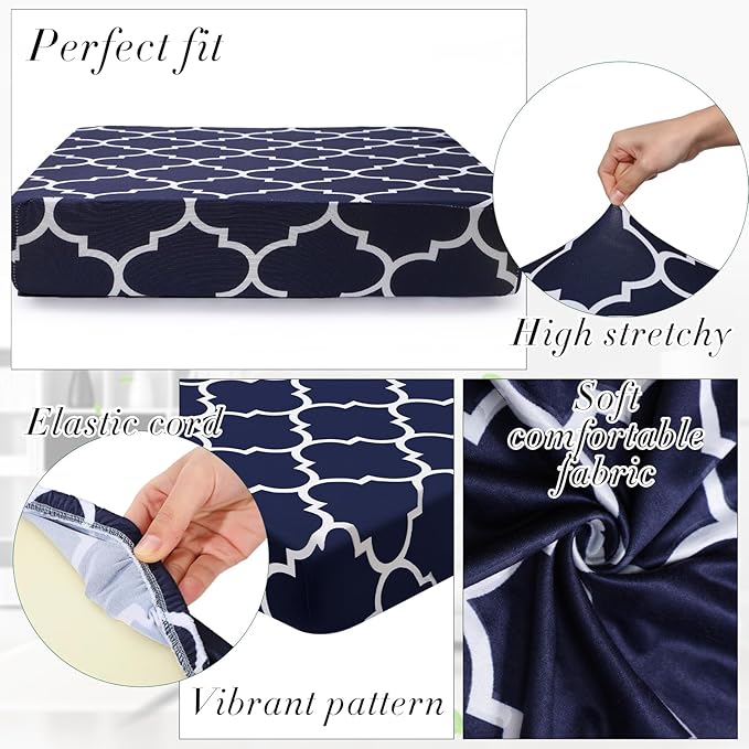 Newwiee 4 Pcs Waterproof Outdoor Cushion Covers for Patio Furniture Stretch Outdoor Couch Cushion Covers Replacement Moroccan Pattern Chair Seat Sofa Slipcovers Soft Flexibility Protector(Navy Blue)