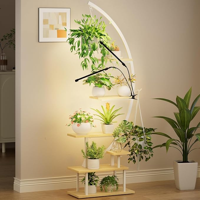 GREENSTELL Plant Stand with Grow Lights, Half Moon 7 Tiered Metal Plant Shelf , Multiple Tier Curved Ladder Flower Pot Stand Display Rack for Indoor Living Room Patio Garden Balcony White (1 Pack)