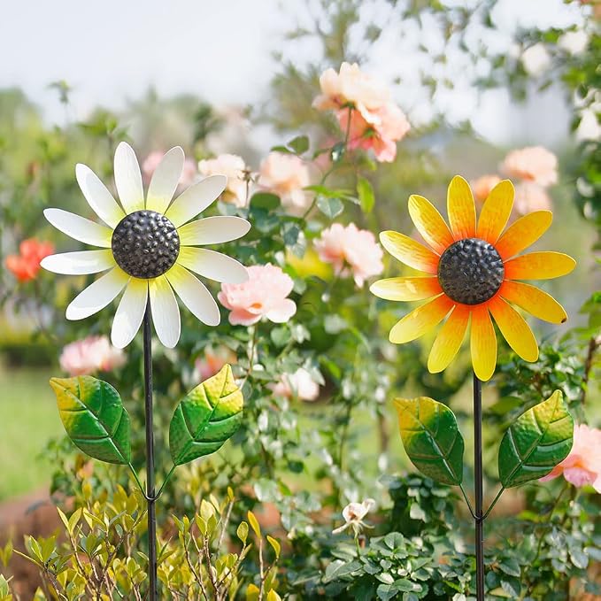 2Pack Garden Wind Spinners,Metal Wind Sculptures Outdoor Windmill Flower Pinwheel Decorations for Yard Lawn Patio Decor(Yellow and White)