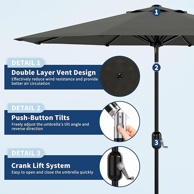 Garvee 9 ft Patio Umbrella - 8 Sturdy Ribs Outdoor Table Umbrella with Crank Lift & Push Button Tilt - Market Umbrella for Pool, Deck, Yard, Garden - Gray