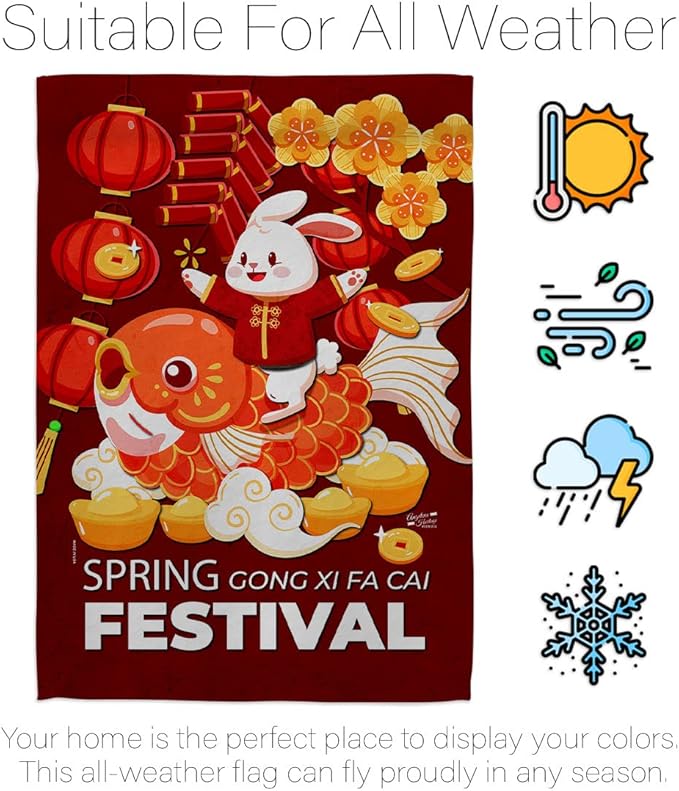 Chinese New Year Of Rabbit Outdoor Decor Banner Room Wall Art Flag Poles For Outside House Patio Porch Lawn Garden Stand Tapestry Yard Sign Lunar New Year Gifts Spring Festival Decorations Made In USA