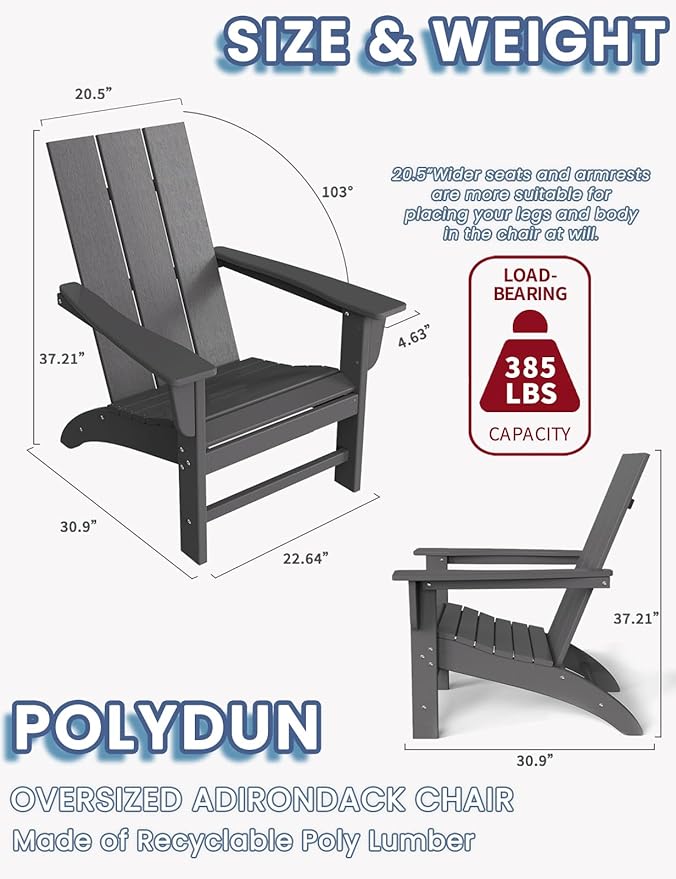 Modern Adirondack Chairs Set of 4, HDPE Plastic Patio Chairs for All Weather, Fire Pit Chair, Outdoor Lawn Chairs for Deck, Porch, Backyard, Garden, Slate Gray