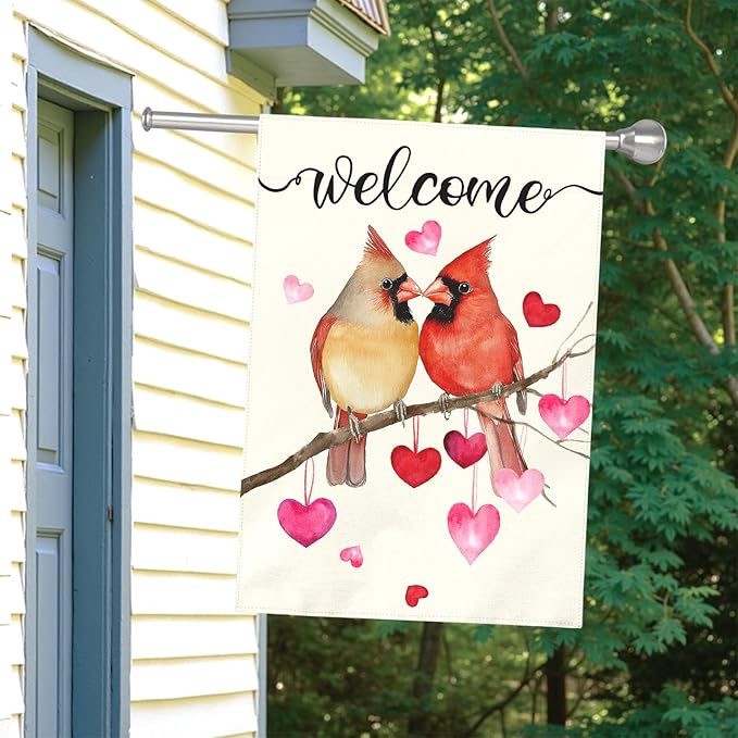 Welcome Valentine's Day Garden Flag Cardinal Love Heart Vertical Double Sided House Banner Holiday Anniversary Wedding Red Birds Large Yard Flags Farmhouse Valentines Day Decor 28 x 40 Inch
