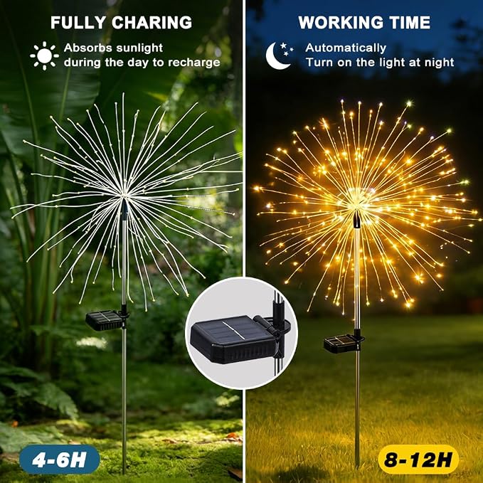 Solar Fireworks Lights for Outside,150 LED 8 Mode Firework LED Solar Fairy Lights Twinkling Tree Outdoor for Garden Yard Landscape Patio Lawn Wedding Christmas Part Decor Warm White (4 Pack)