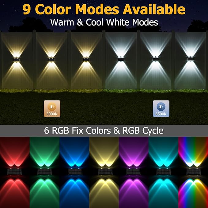 Solar Fence Lights Outdoor, Warm & Cool White RGB Dusk to Dawn Waterproof LED Wall Mount Sconce Light Up & Down Deck Lights Solar Powered for Outside Garden Patio Backyard Garage(4 Pack)