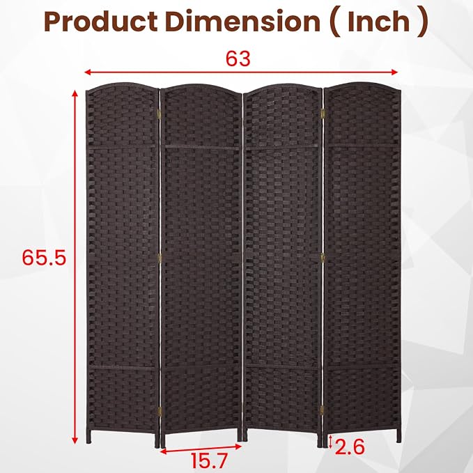 FDW Room Divider 4 Panel Screen 5.6 Ft Tall Partition Privacy Screens Folding Room Separation Free Standing Waterproof Wood Frame Wall Divider, Dark Brown