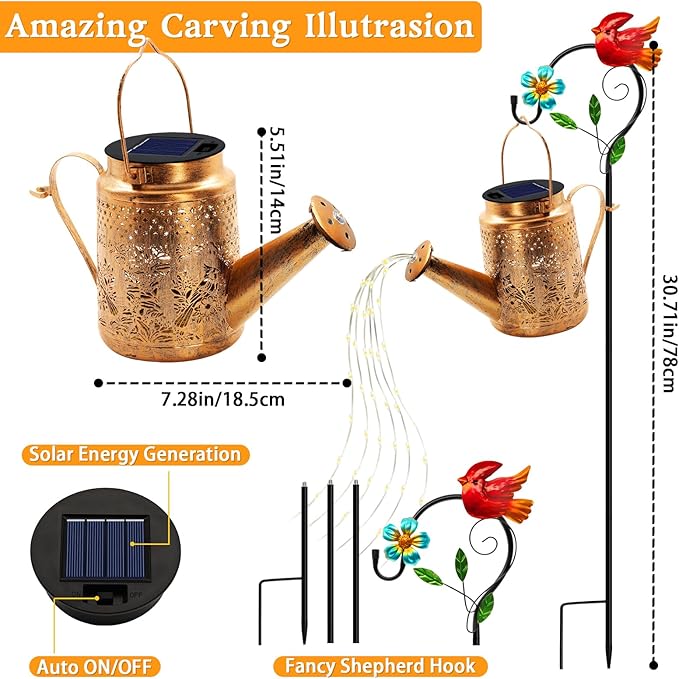 Solar Lights Outdoor Waterproof, Gift For Mom Grandma Women Wife Daughter Mother's Day, Cardinals Watering Can Light With Shepherd Hook, Outside Hanging Solar Light Garden Yard Front Porch Patio Decor